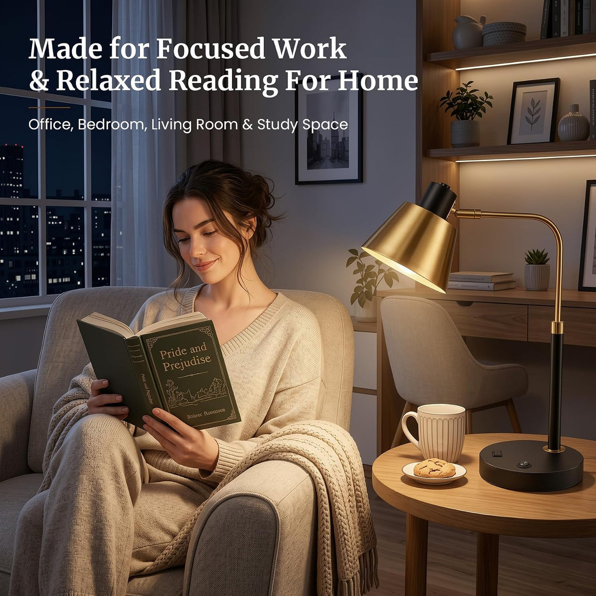 Desk Lamp with USB-C, USB-A and AC Outlet, Adjustable E26 Table Lamp for Home...