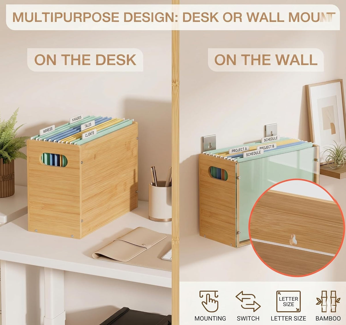 2 Pack Premium Thickened Bamboo Desktop Hanging File Organizer - Heavy Duty P...