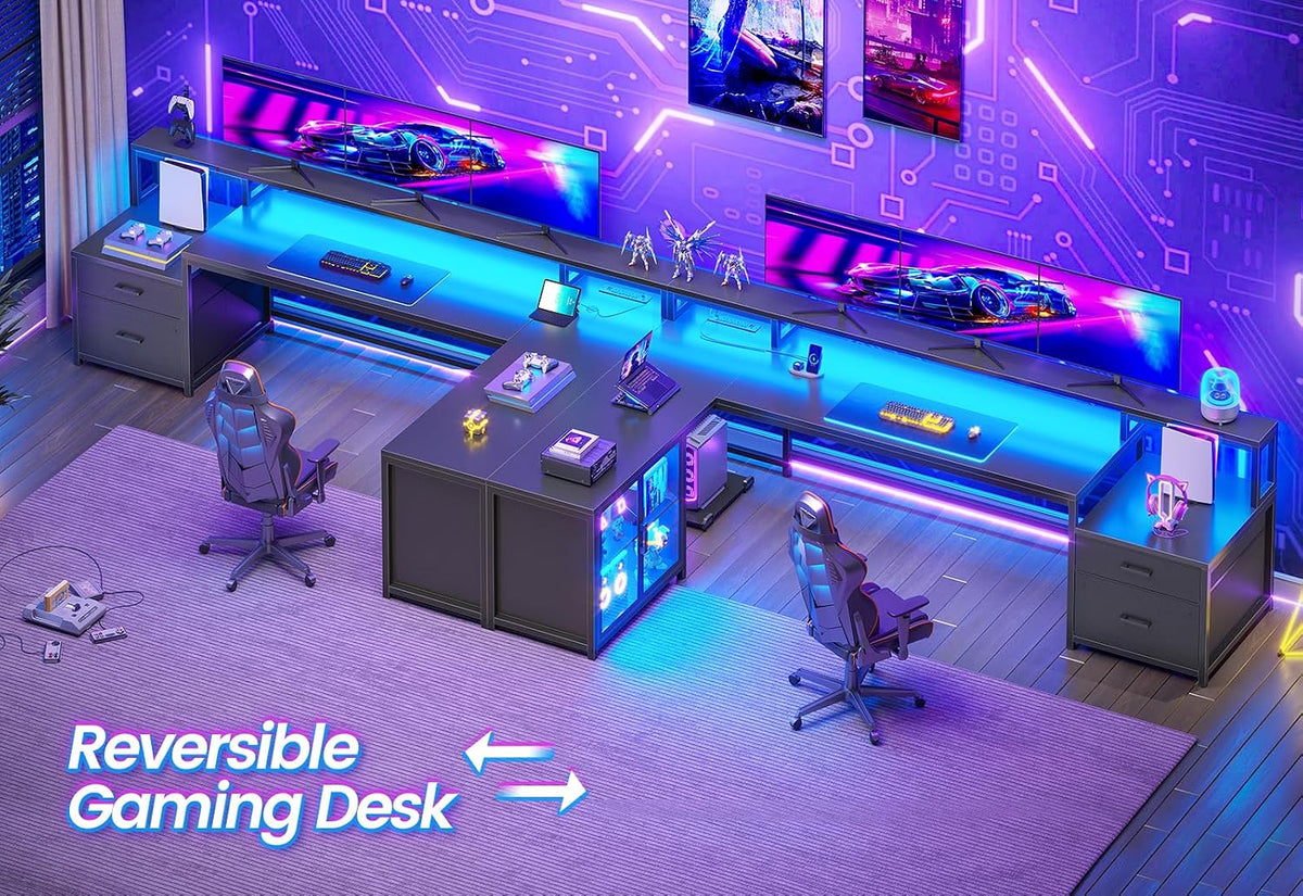 SEDETA 78.7” Large L Shaped Gaming Desk with Drawers, LED Light