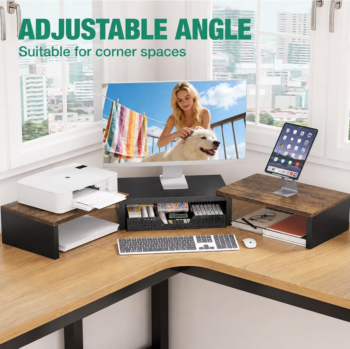 OPNICE Dual Computer Monitor Stand Riser, Desk Organizer with Drawer, Office ...
