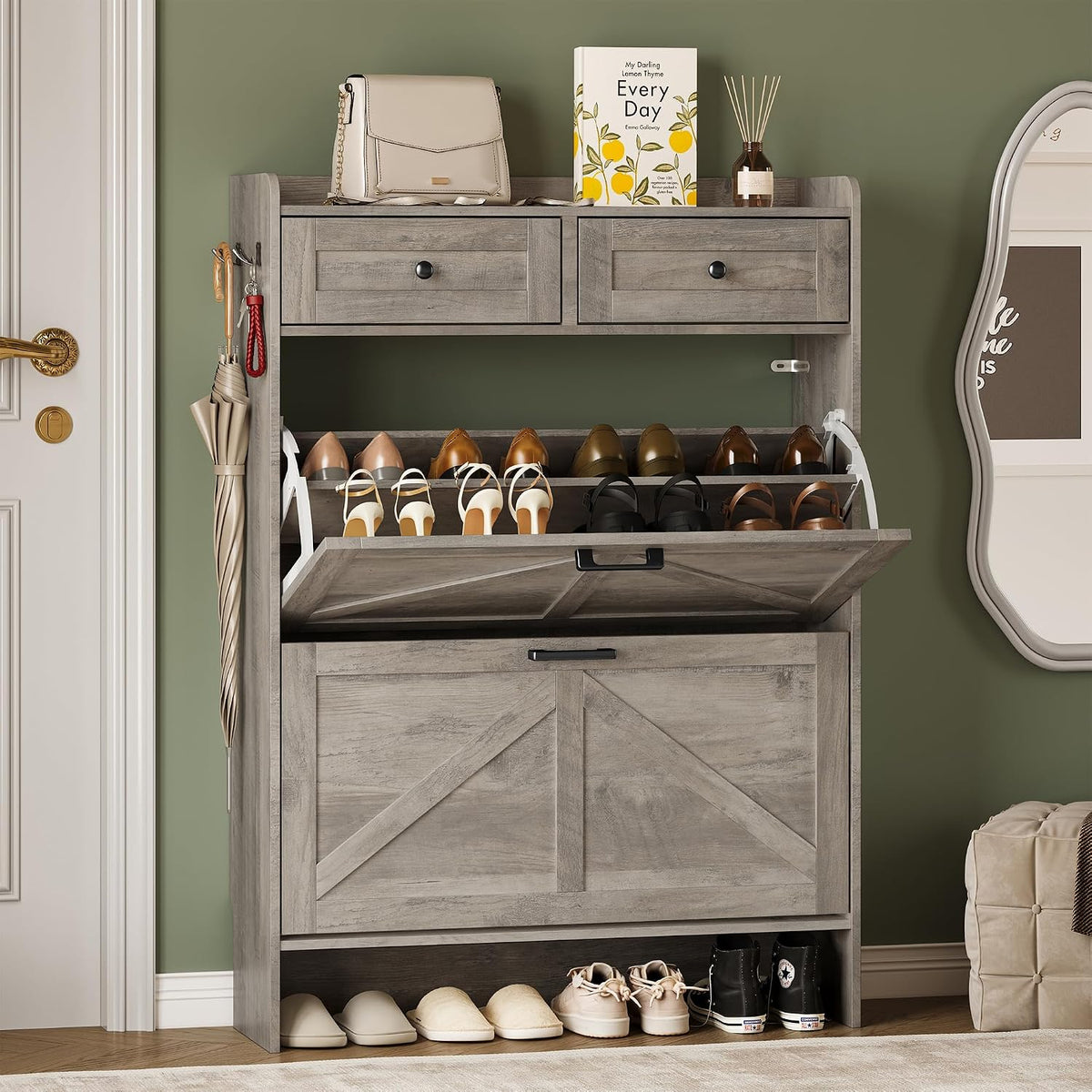 BORNOON Shoe Storage Cabinet for Entryway, Farmhouse Narrow Shoe Cabinet with...