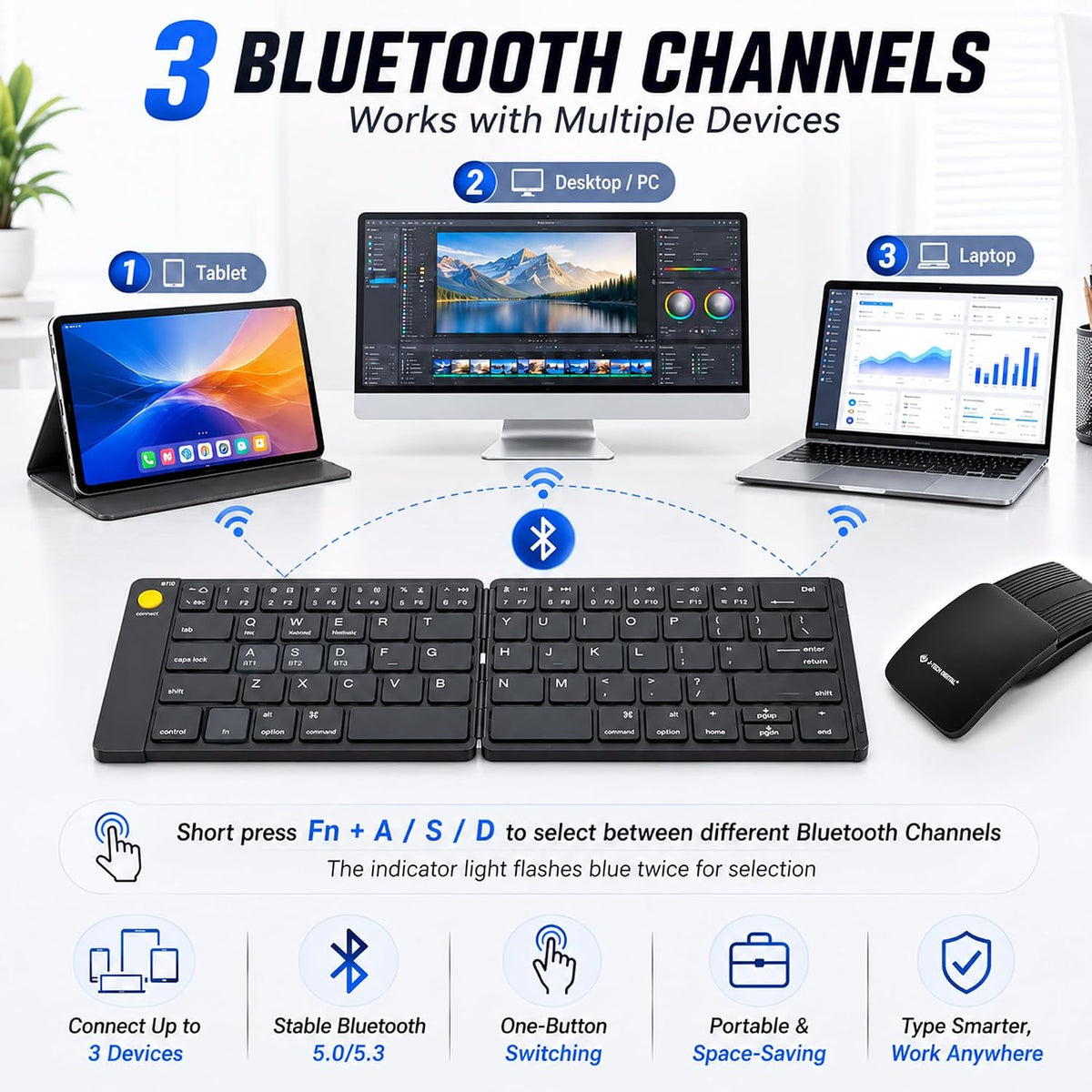 J-Tech Digital Wireless Keyboard and Mouse Combo | Foldable Bluetooth Multi-D...