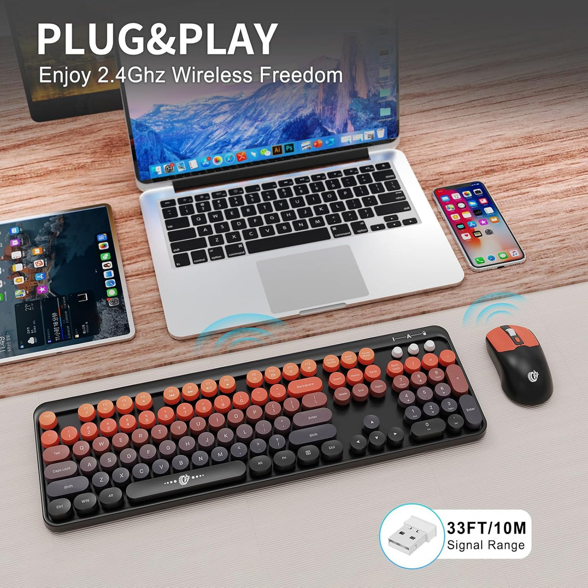FOPETT Wireless Keyboard and Mouse Combo, 104 Keys Full-Sized 2.4 GHz Round K...