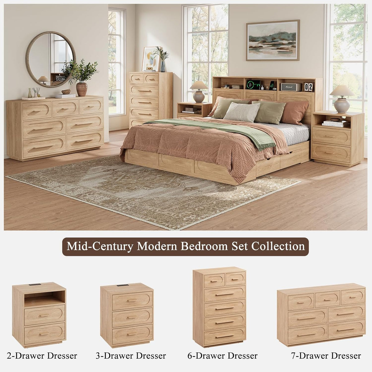 7 Drawer Dresser for Bedroom, Natural Oak