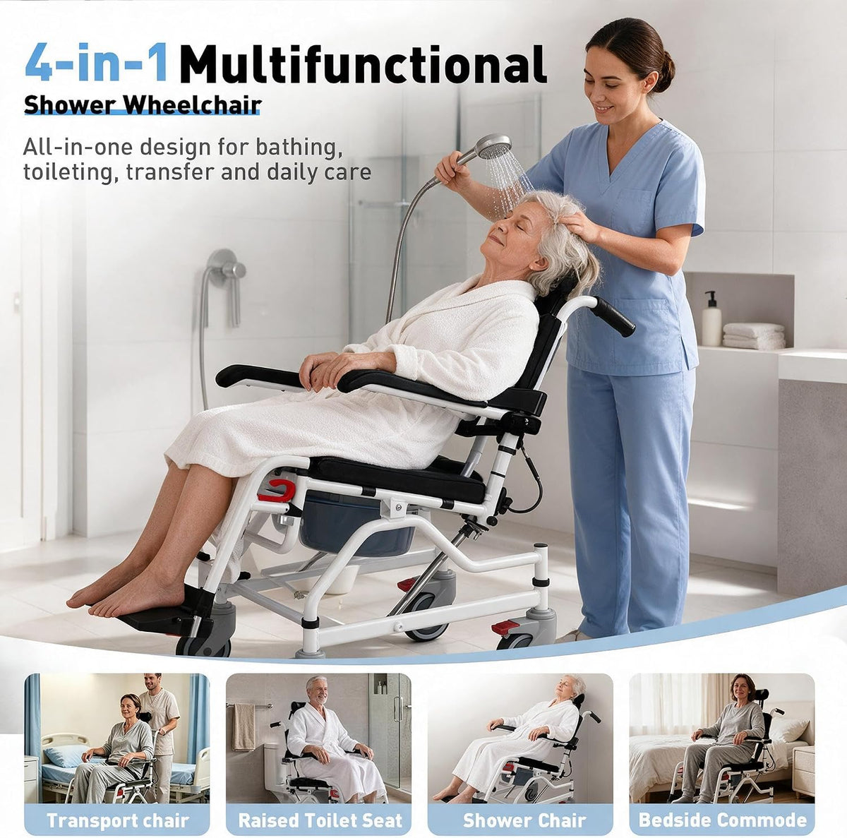 Reclining Rolling Shower Chair with Wheels, Shower Wheelchair for Elderly and...