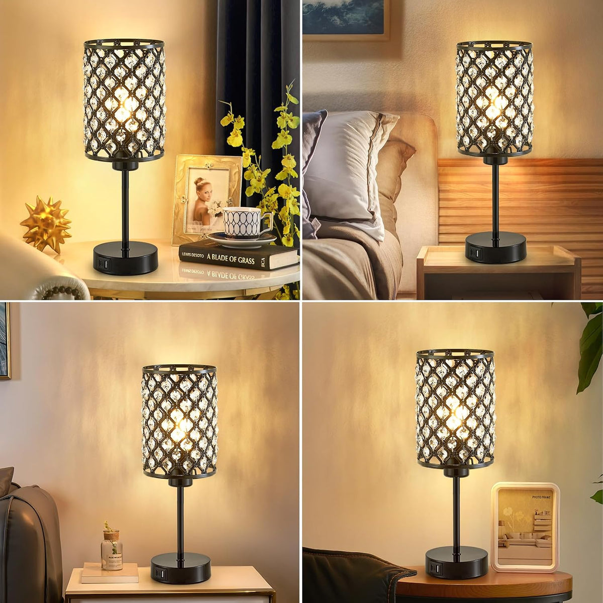 Crystal Table Lamp, Black Touch Lamp with USB C+A Port, 3-Way Dimmable