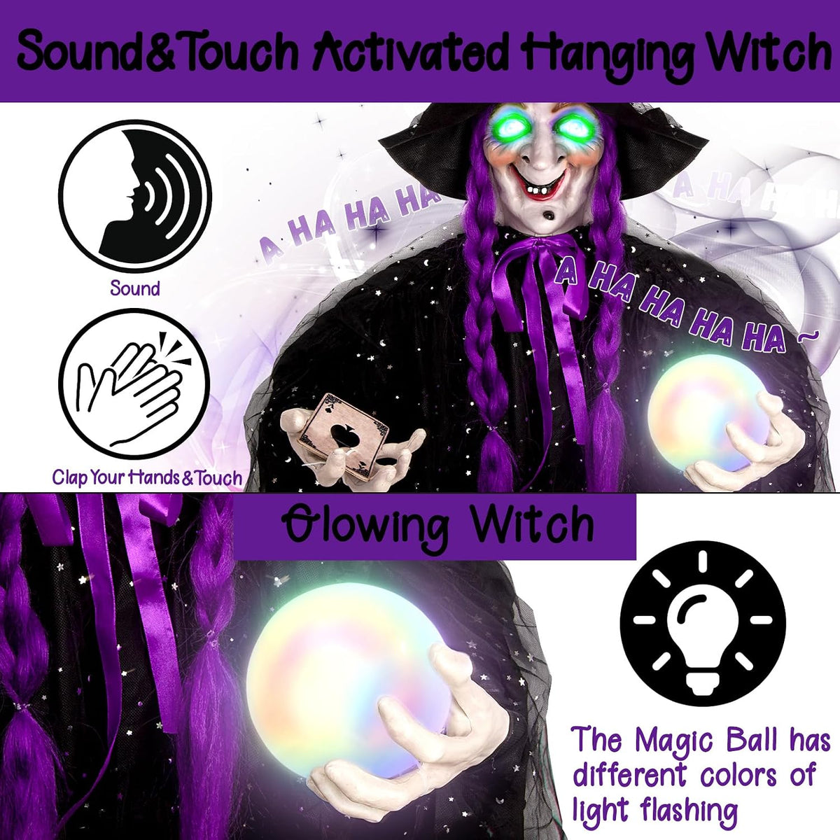 71” Halloween Hanging Talking Animatronics Witch with Sound Activated