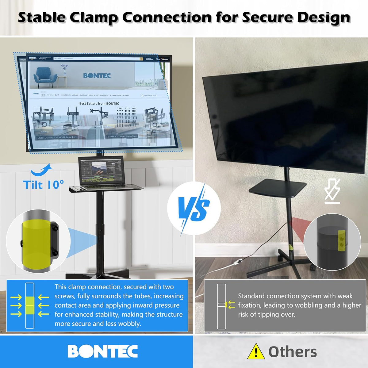 BONTEC Rolling TV Stand with Tilt,Mobile TV Stand Wheels for 23–65 Inch TVs