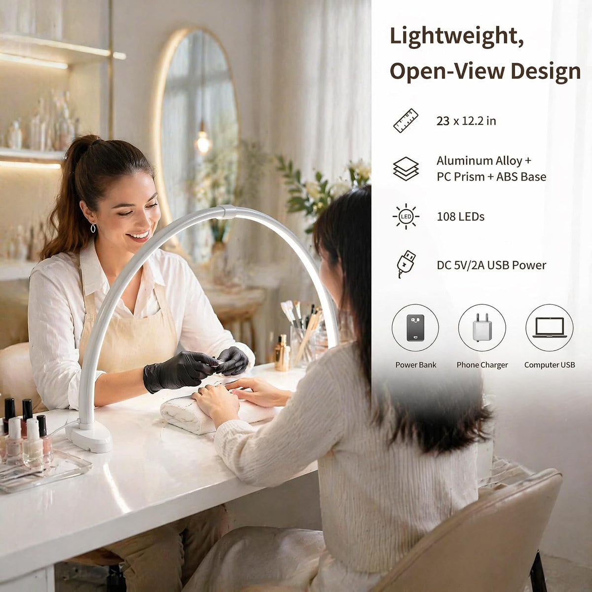 Half Moon Nail Light, 180° No Shadow LED Nail Desk Lamp with Foldable Height ...