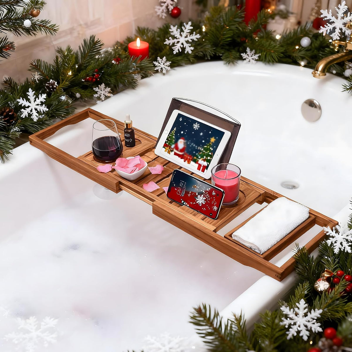 Utoplike Teak Bathtub Caddy, Expandable Bath Table Tray for Tub