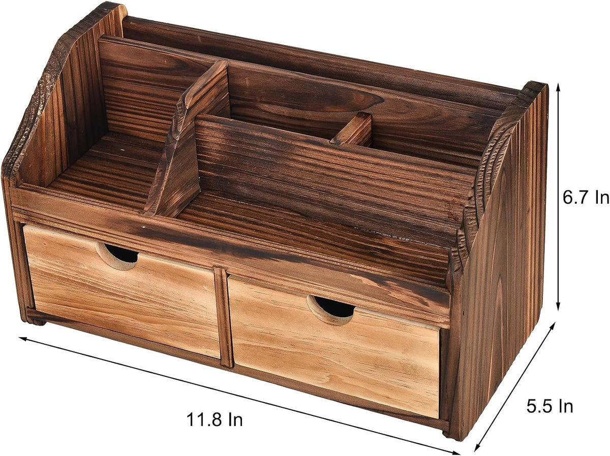 Rustic Torched Dark Brown Wood Desk Organizer Wooden Tabletop Stationery Hold...