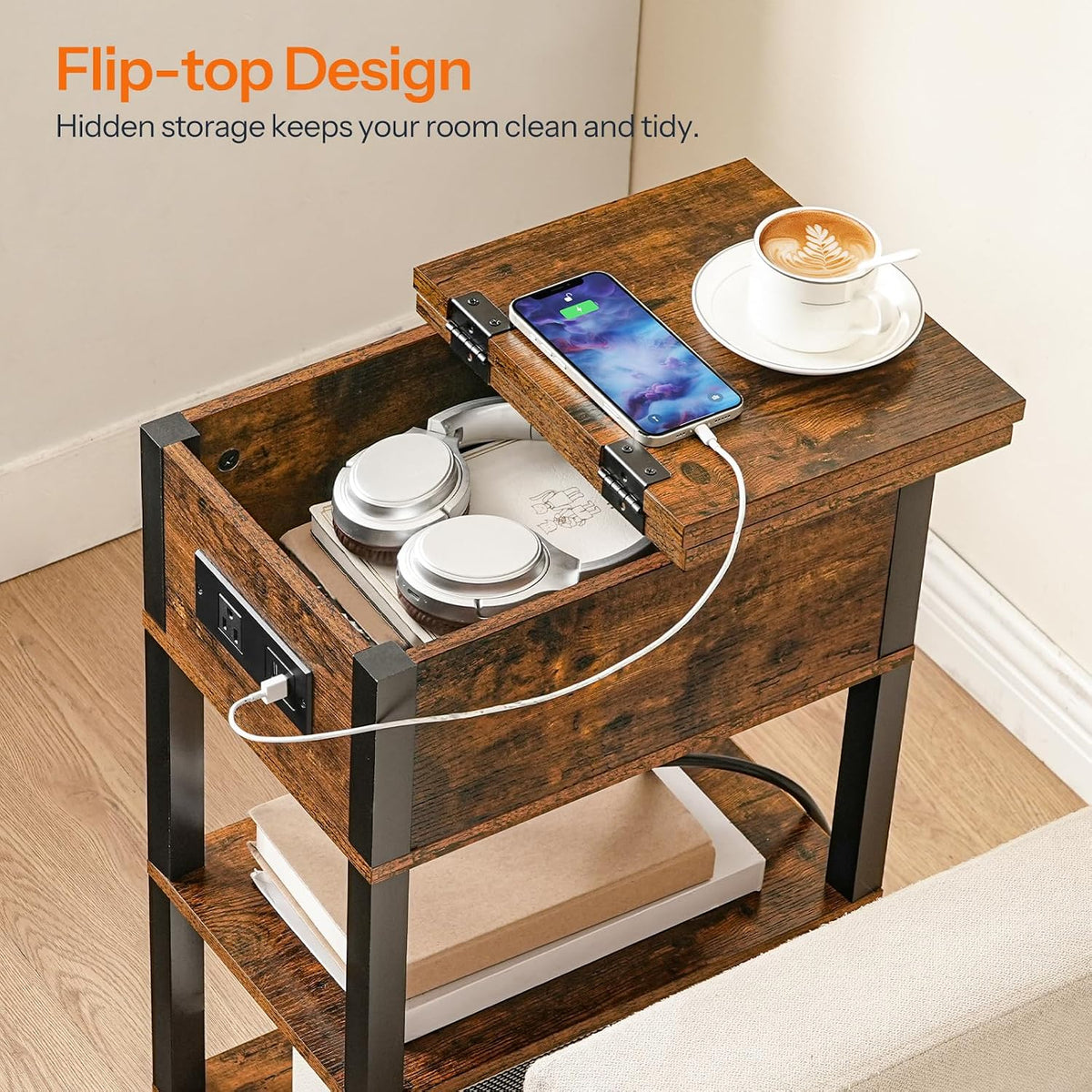 HOOBRO End Table with Charging Station, Flip Top Side Table with USB Ports, N...