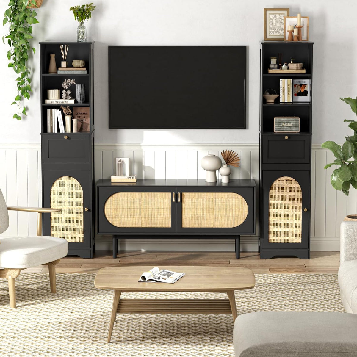 Tall Narrow Rattan Bathroom Storage Cabinet with Doors and Drawers, Black