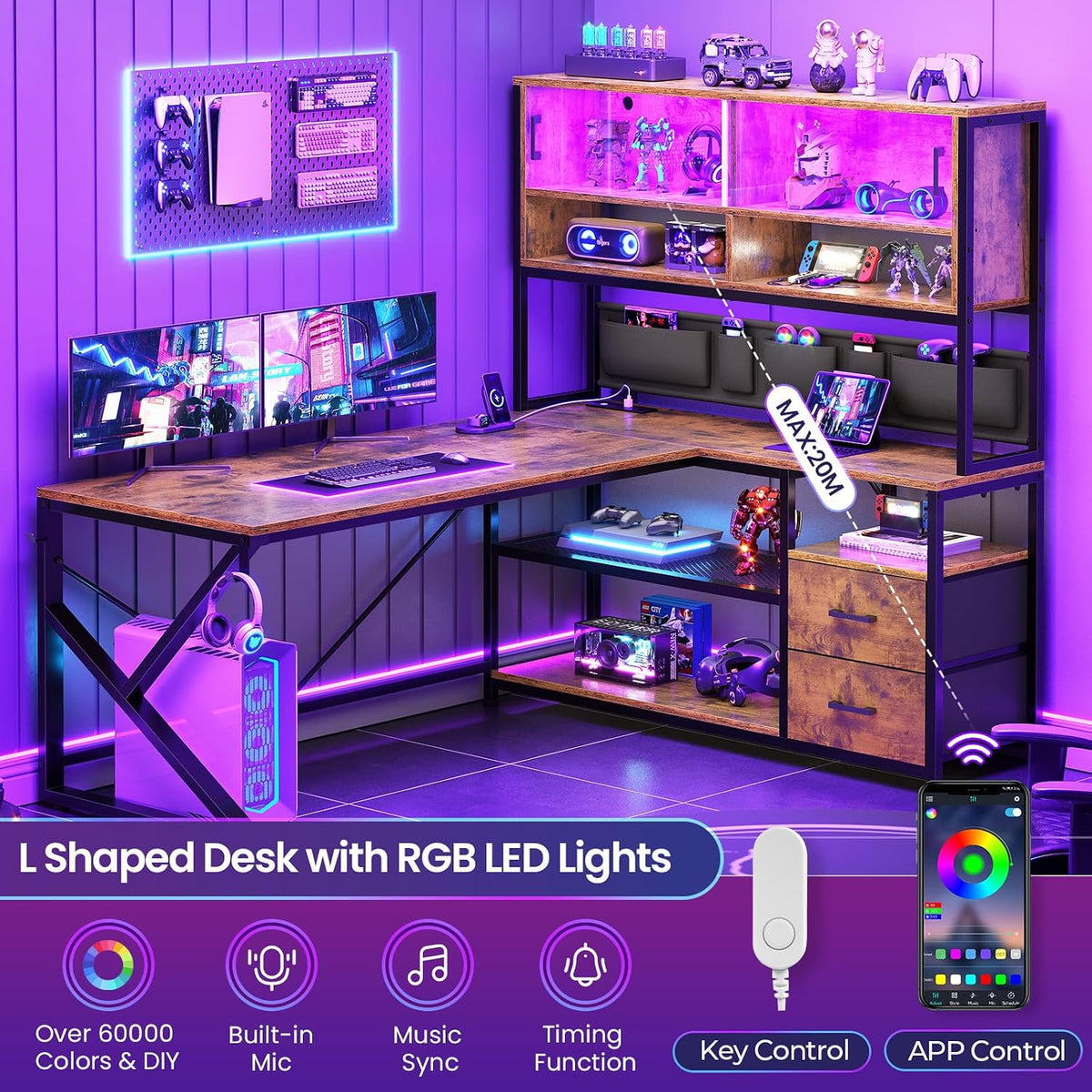SEDETA L Shaped Office Desk with Storage Shelves, 2 Drawer, LED Light