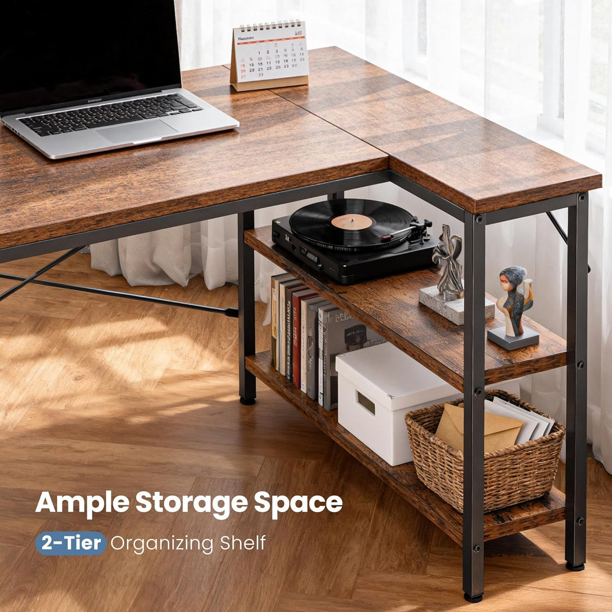 DUMOS 39" L Shaped Computer Desk, Corner Desks with Storage Shelves, Brown