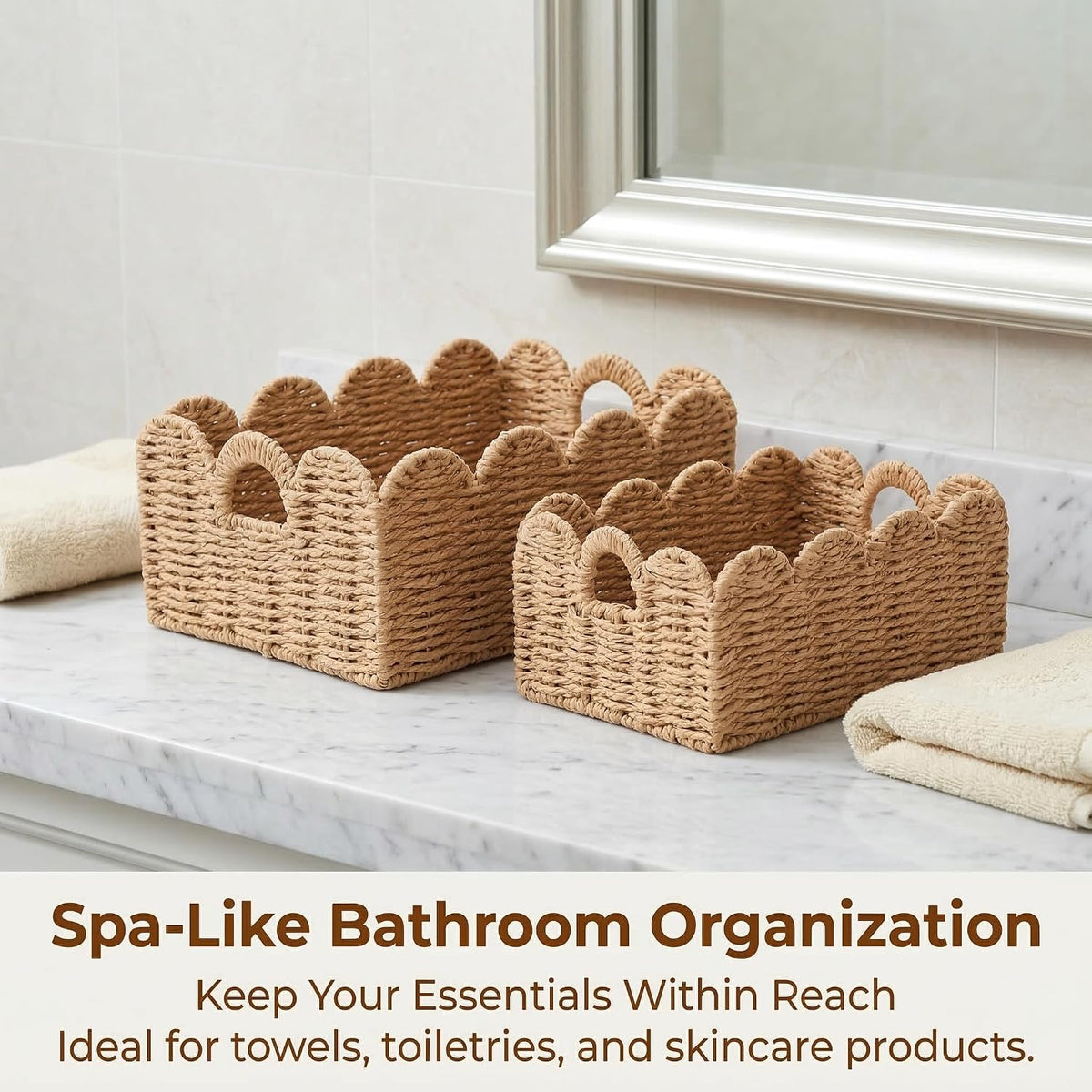 Scalloped Wicker Baskets Set of 3, Hand-Woven Storage with Handles