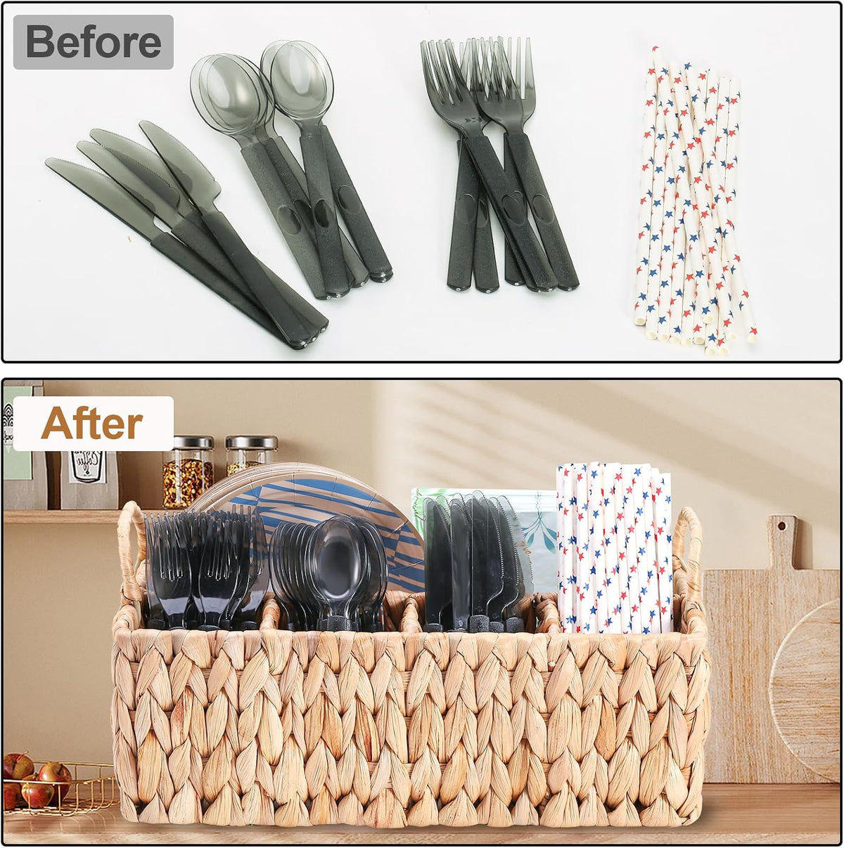 Wicker Party Silverware Caddy, Water Hyacinth Plastic Cutlery Utensil Holder,...