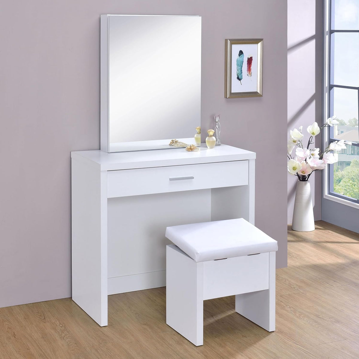 Coaster Harvey Rectangular 1-Drawer Vanity Table Set, White 300290