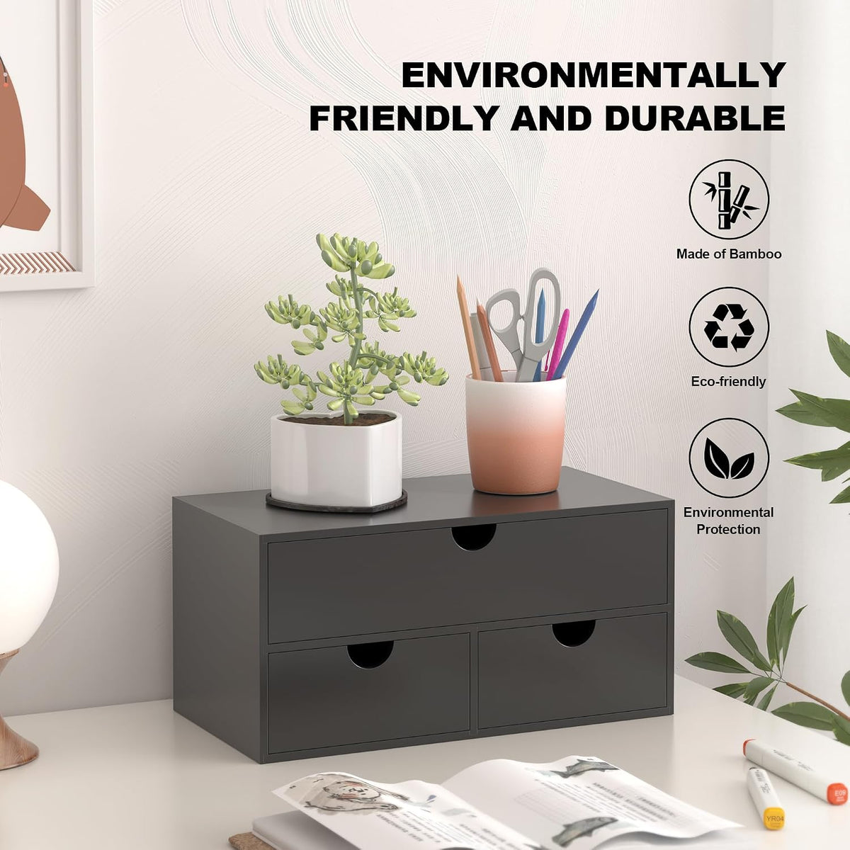 Bamboo Desk Organizer with Drawers Desktop Storage Drawers for Bills Office S...