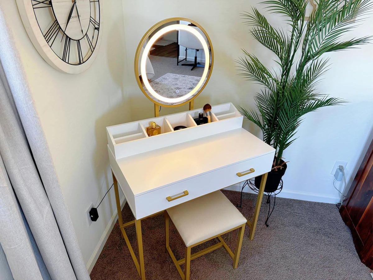UTEX Makeup Vanity Desk Set with Mirror and Lights White and Gold