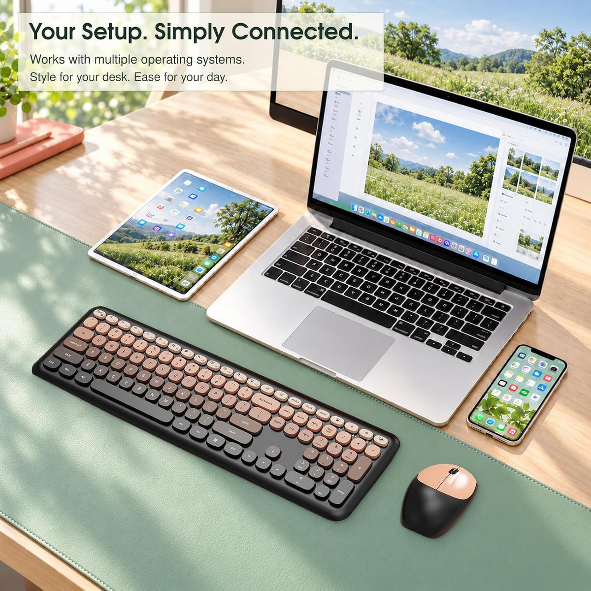 Wireless Keyboard and Mouse Combo, Colorful Ergonomic Full Size Retro Low-Noi...