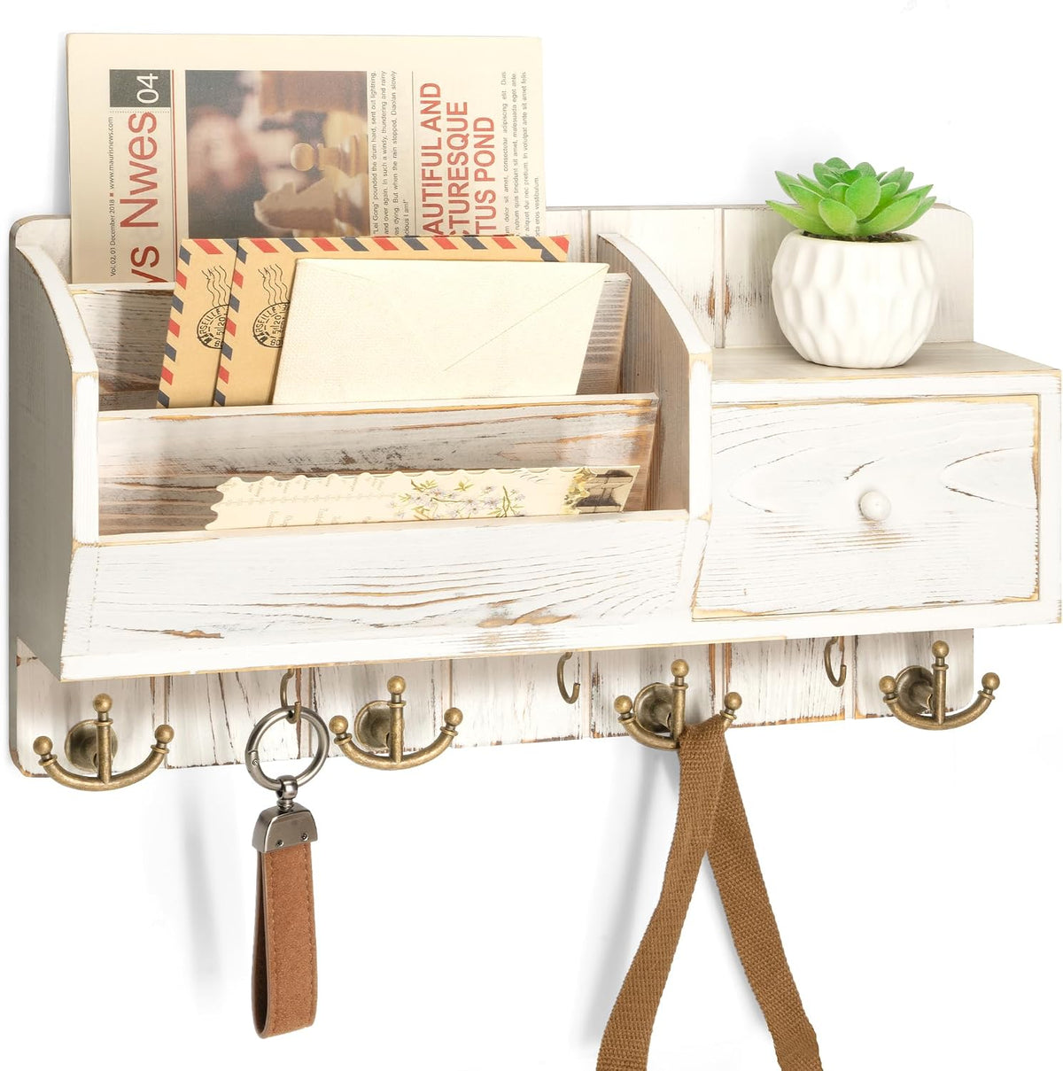 Rebee Vision Key Holder Wall Mount with Drawer for Room Decor, Whitewash