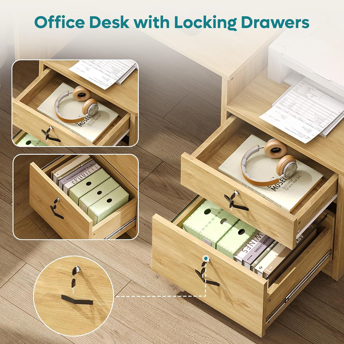 Bestier 55-Inch Computer Desk with Power Outlets & LED Lights, Natural Oak