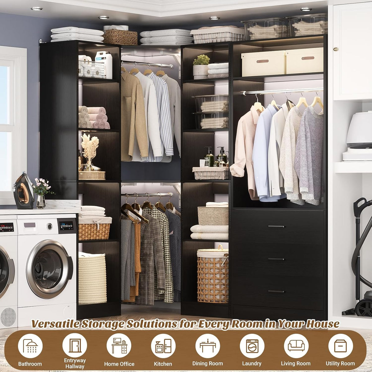 Besiost Corner Closet System with 3 Drawers, Corner Closet Organizer System