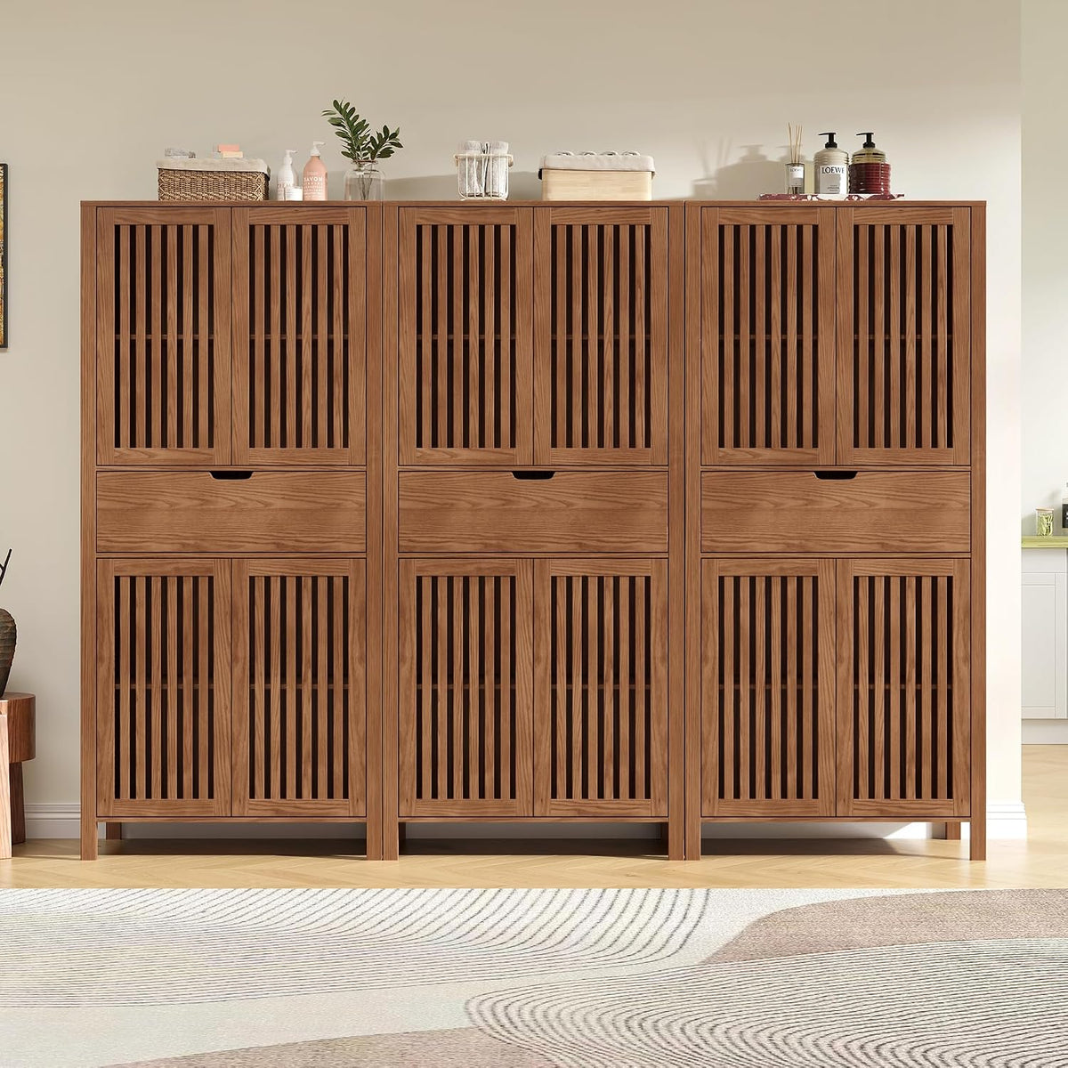 BVIUNTWO Set of 3 Rustic Brown 69" Tall Farmhouse Storage Cabinet with D...