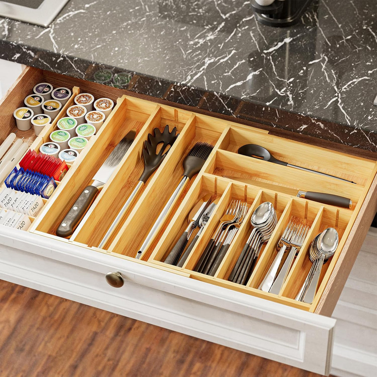 SpaceAid 2.5" High Bamboo Silverware Drawer Organizer with Labels, Kitch...