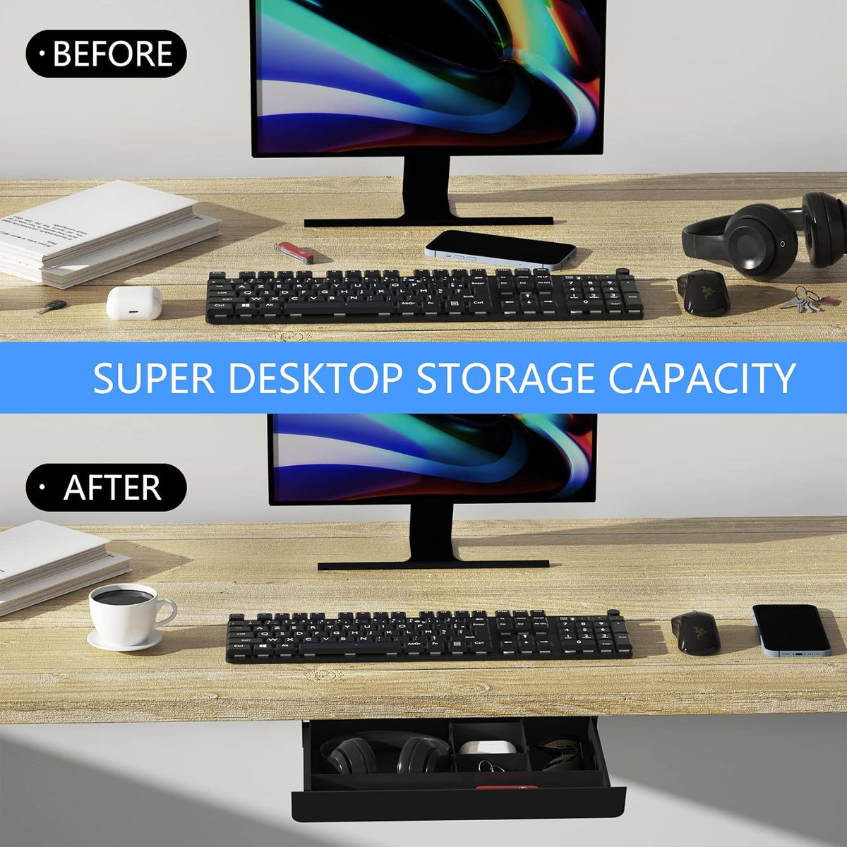 Under Desk Mounted Sliding Pull-out Drawer with Pencil Tray and Slide Storage...