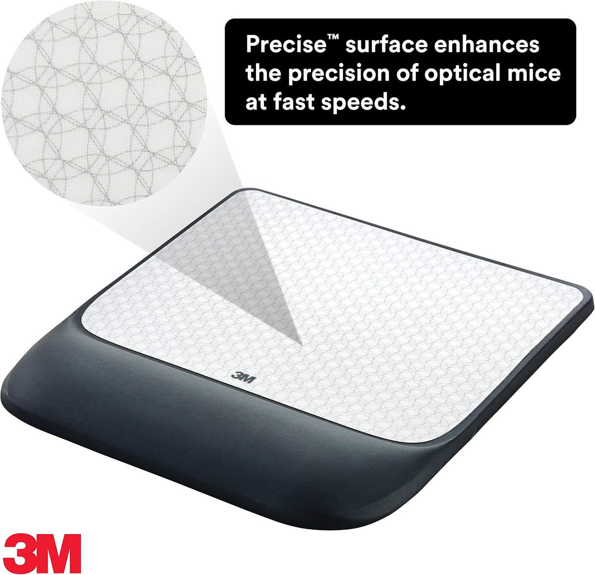 3M Precise Mouse Pad with Gel Wrist Rest, 8.4 in x 8.8 in, Black