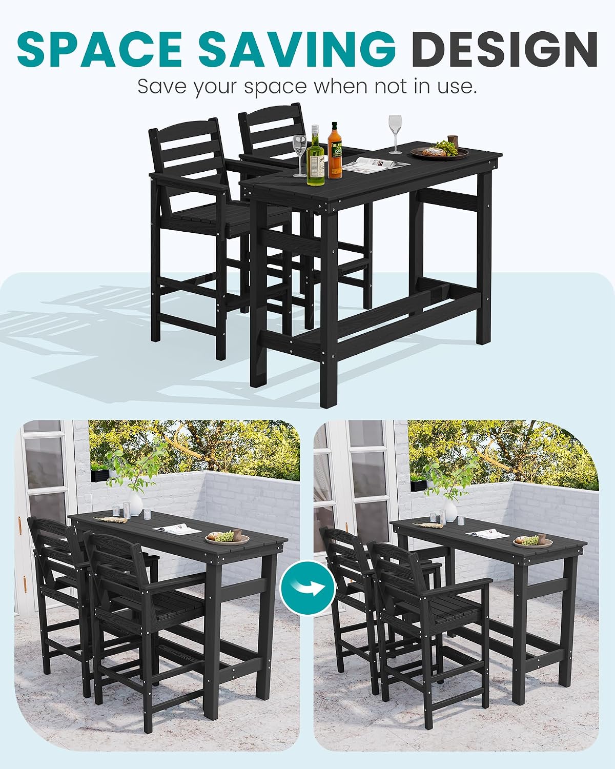 SERWALL 41" HDPE Outdoor Bar Table with 1.6" Umbrella Hole, Black