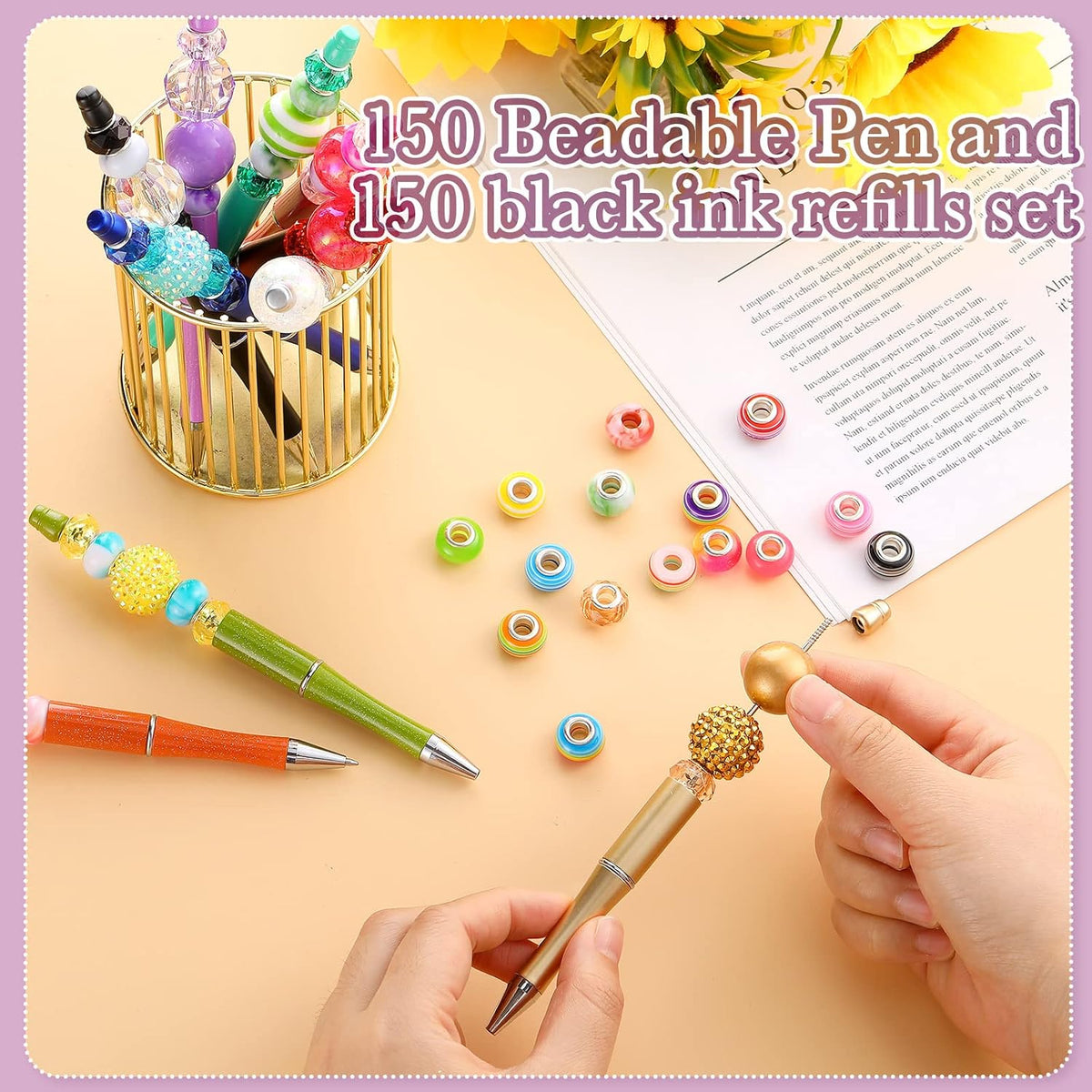 Outus 150 Pcs Beadable Pen Kit Bulk Colored Plastic Ballpoint Pens with Refil...
