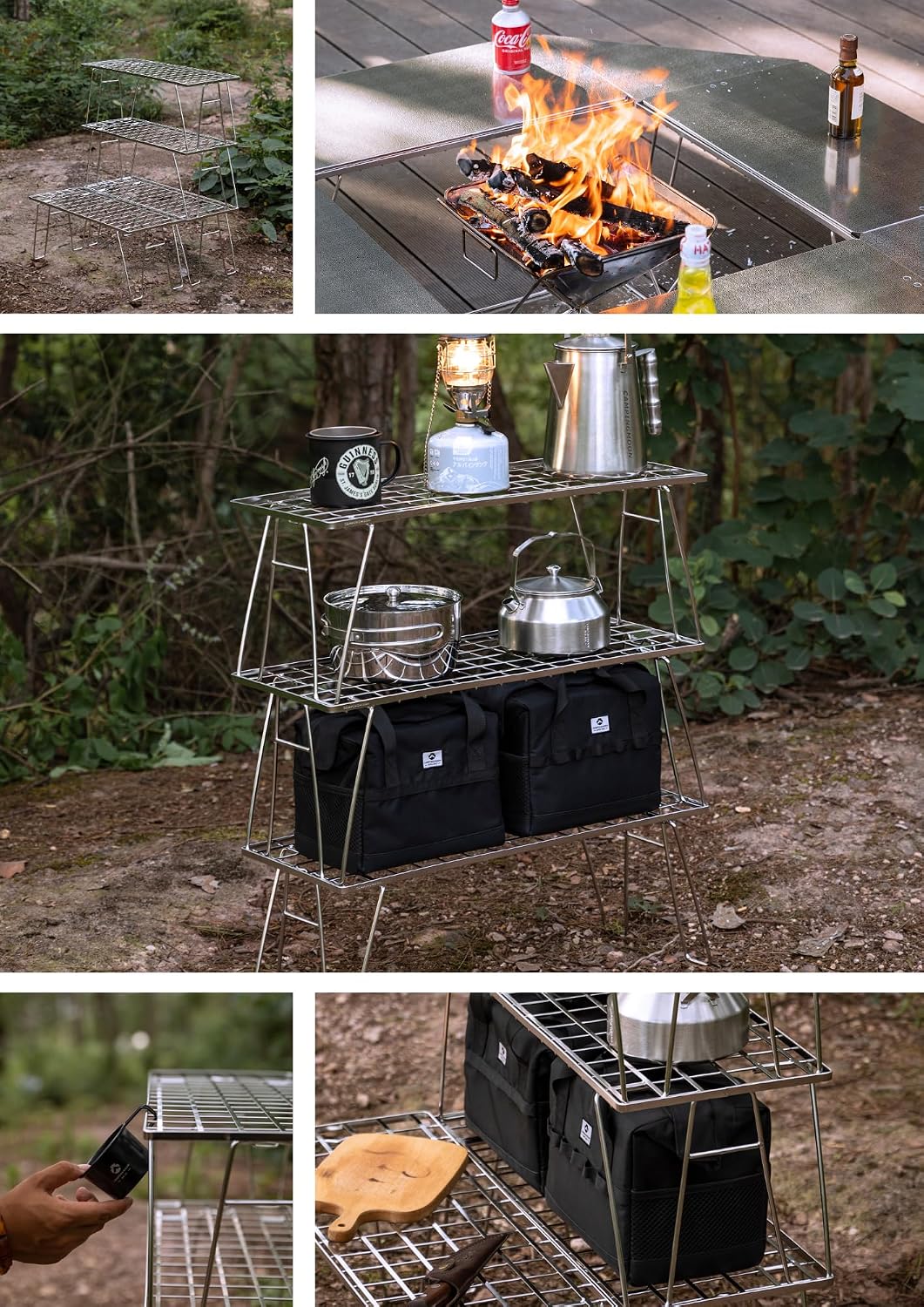 CAMPINGMOON Foldable Mesh Camping Rack Stackable Camp Storage Shelf Fire Pit ...