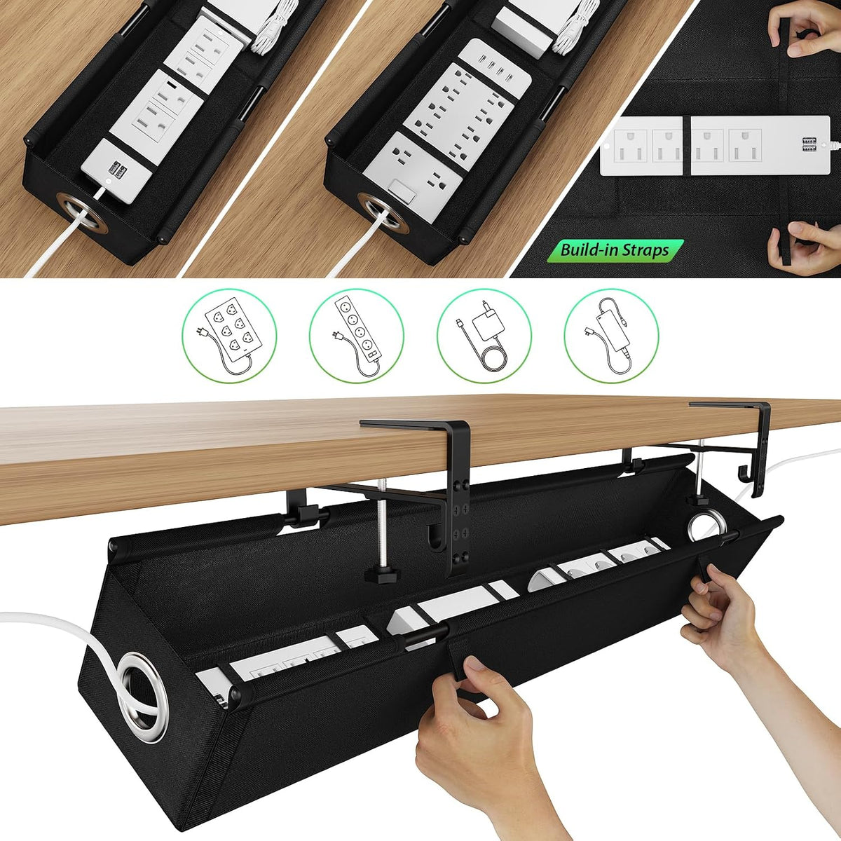 KEEGH Under Desk Cable Management Tray 36", No Drill Cord Organizer, Black