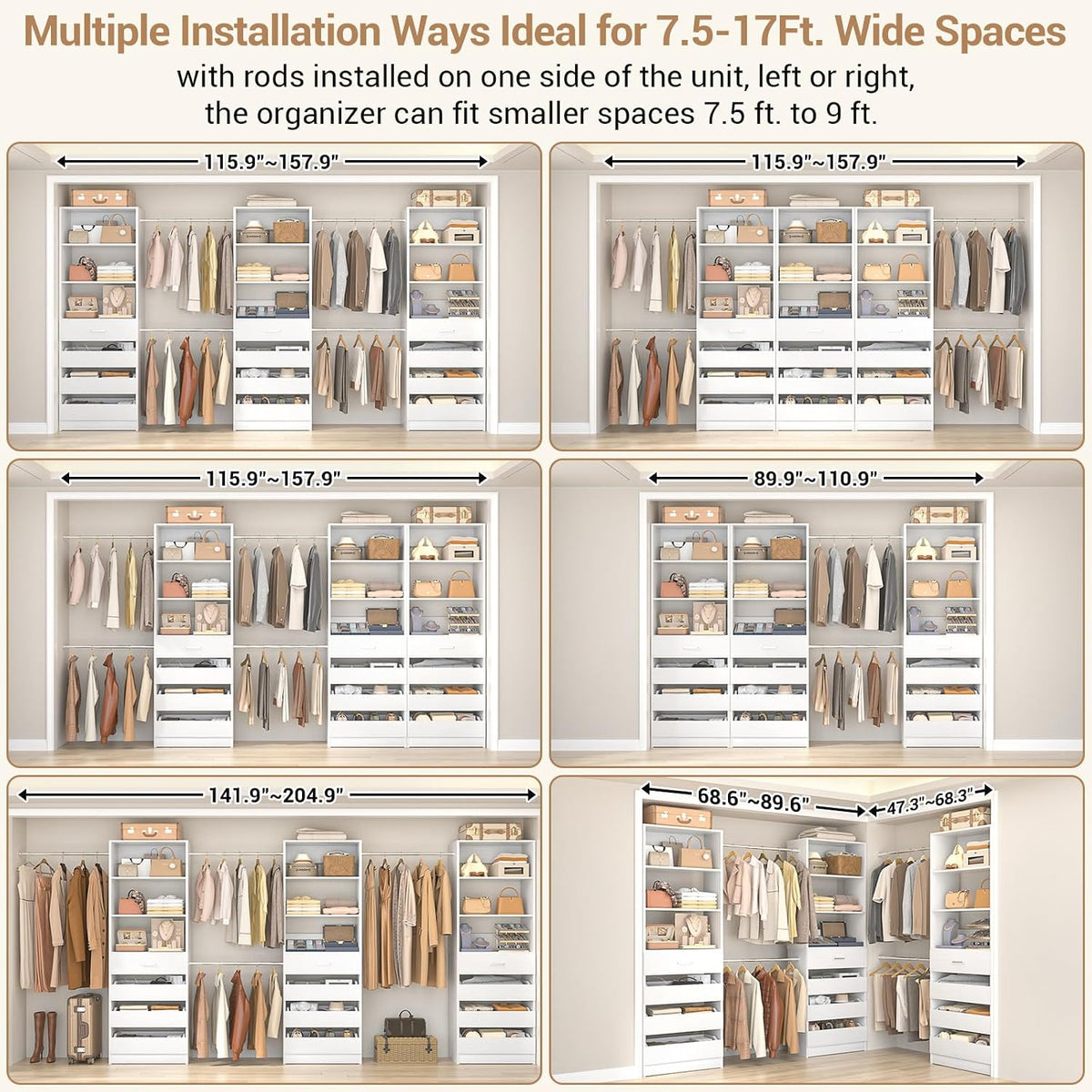Aheaplus Closet System with 12 Drawers, 8.5-11.5Ft Closet Organizer System