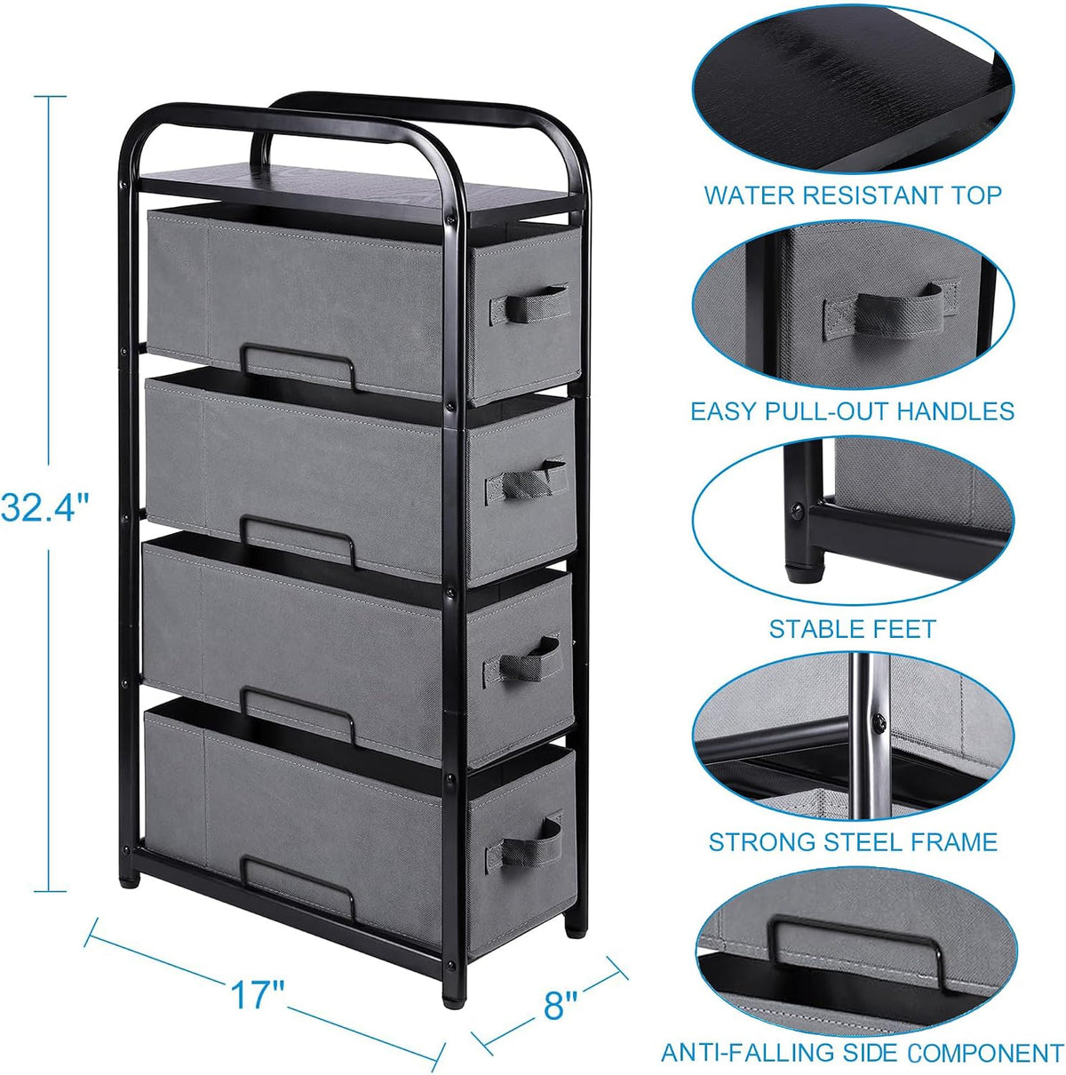 MAX Houser 4 Drawer Narrow Dresser Fabric Storage Tower Vertical Slim Storage...