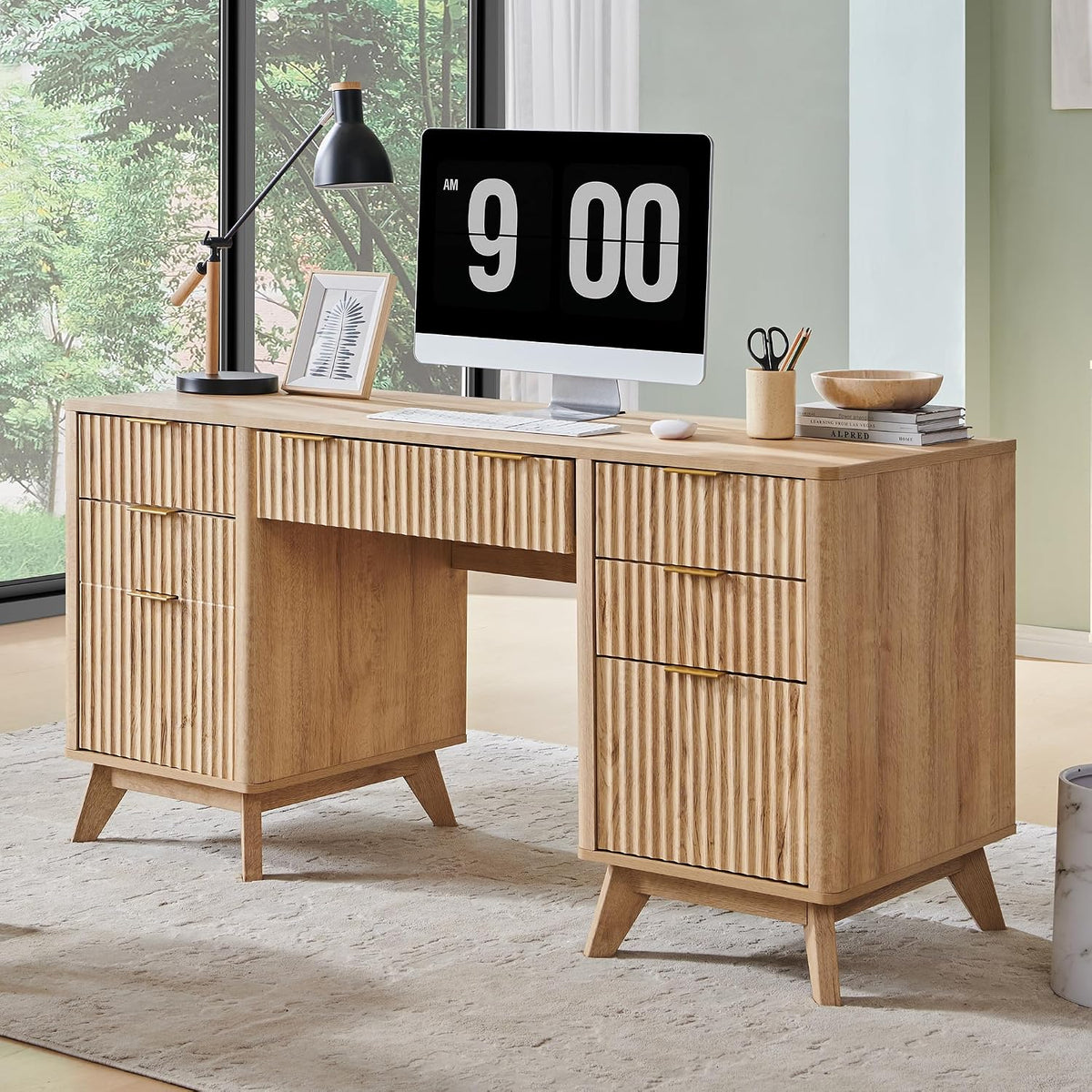 T4TREAM 60-Inch Modern Fluted Executive Desk with Drawers, Natural Oak