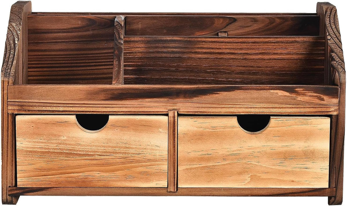 Rustic Torched Dark Brown Wood Desk Organizer Wooden Tabletop Stationery Hold...