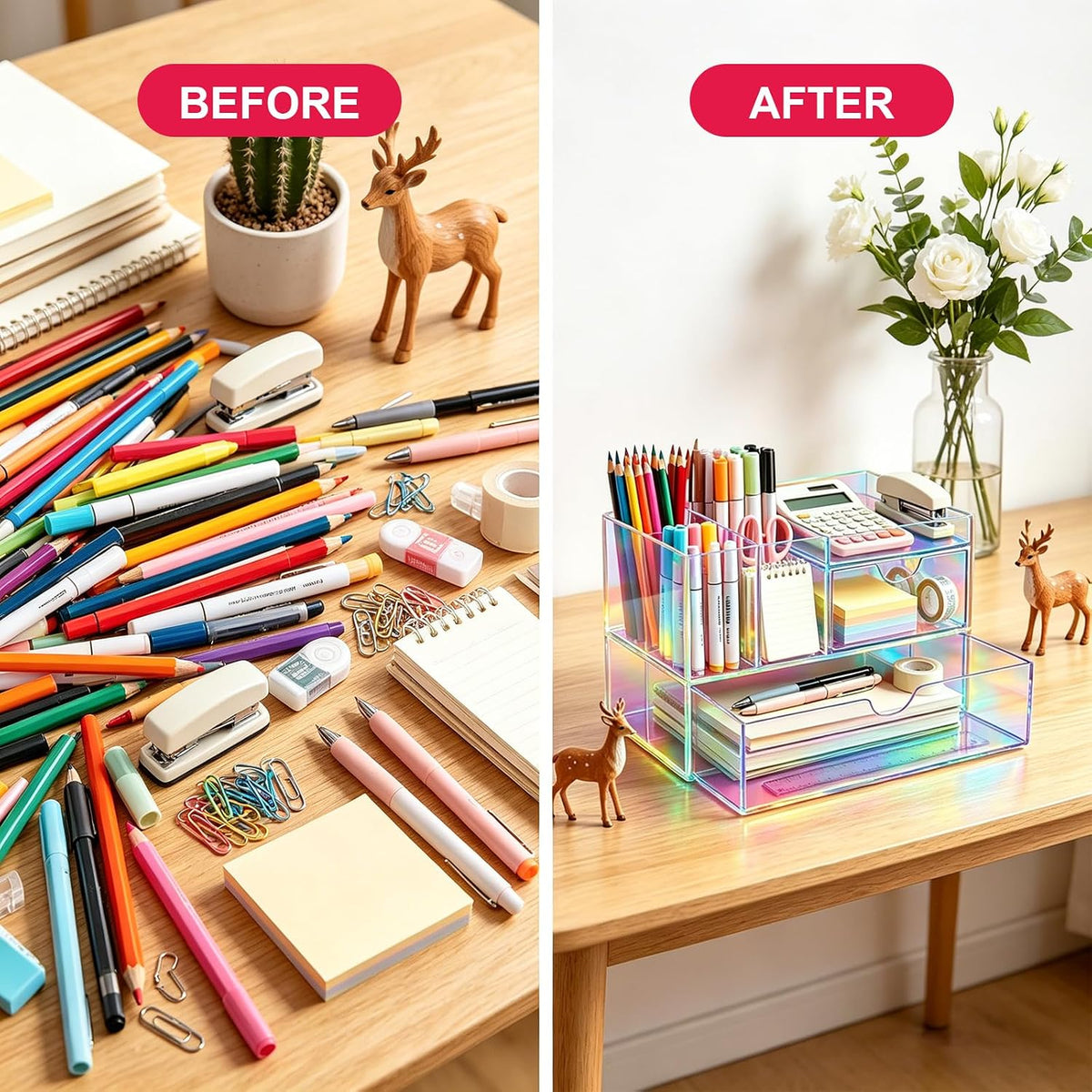 Desk Organizer with Drawers Acrylic Desktop Organizer Pen Holder Caddy for Of...