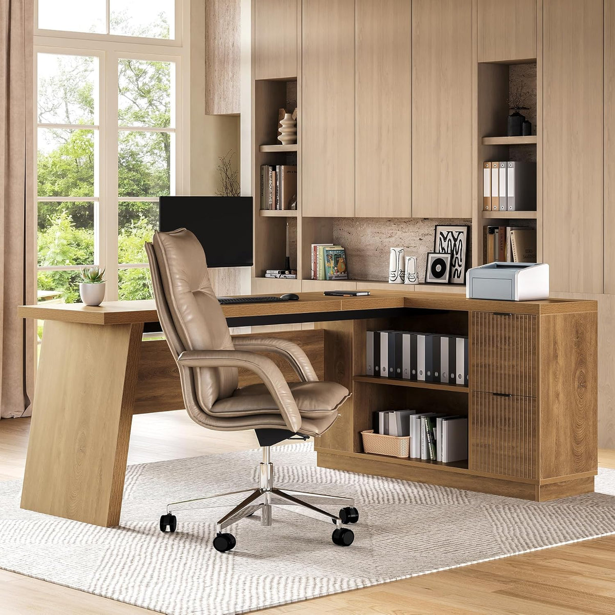 LITTLE TREE 78-Inch L-Shaped Executive Desk, Modern Desk with Drawers & F...