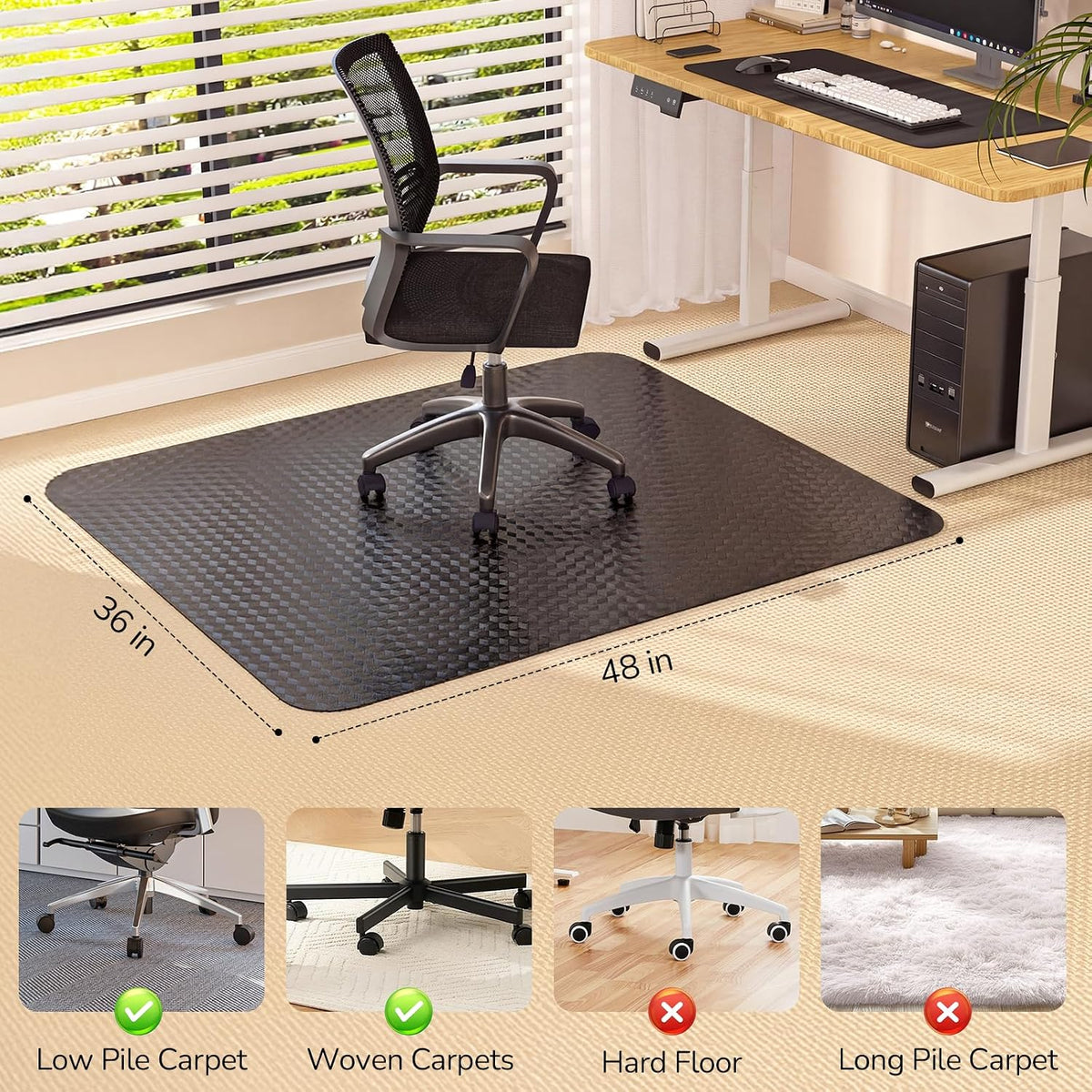 Office Chair Mat for Low Pile Carpet, 36" x 48" Clear Plastic