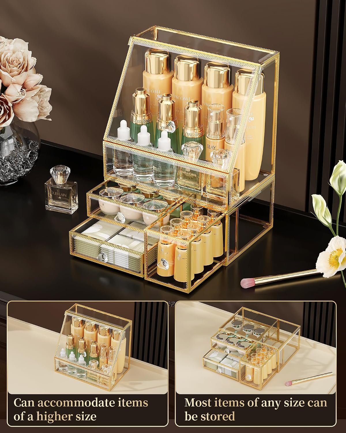 CoralHouse Glass Makeup Organizer with Lid and Drawer for Vanity, Clear