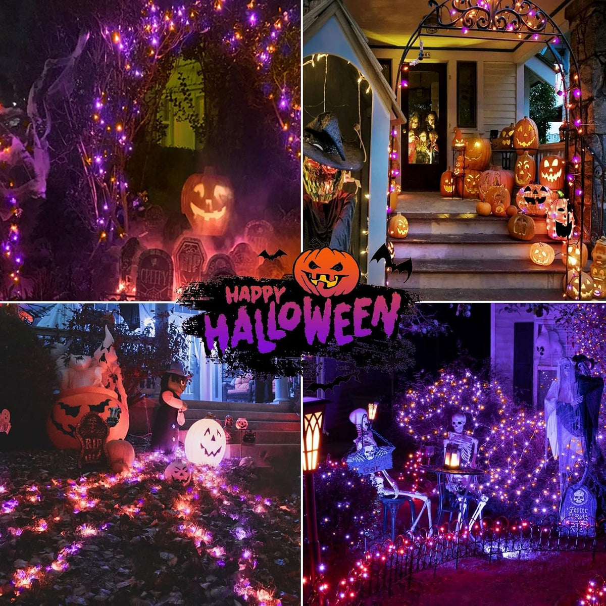 4 Pack 132FT Solar Halloween Lights Outdoor Waterproof, Orange and Purple