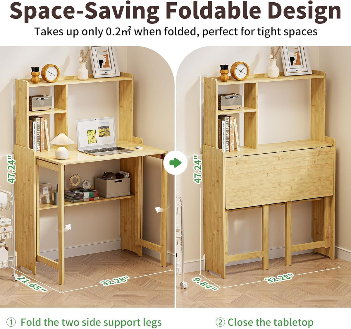 Folding Desk for Small Spaces, Bamboo Foldable Desk with Bookshelf, Natural