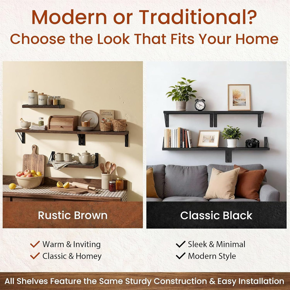 BAYKA Wall Mounted Floating Shelves (Rustic Brown, Set of 4, 16" Mixed)