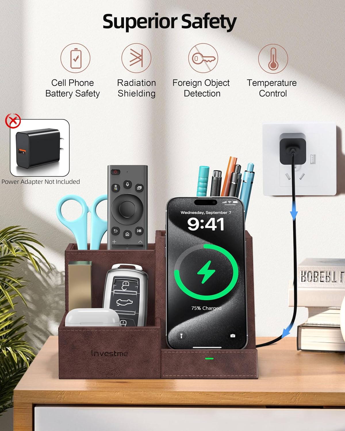 Wireless Charger with Desk Organizer, 3 Compartments and 1 Phone Stand