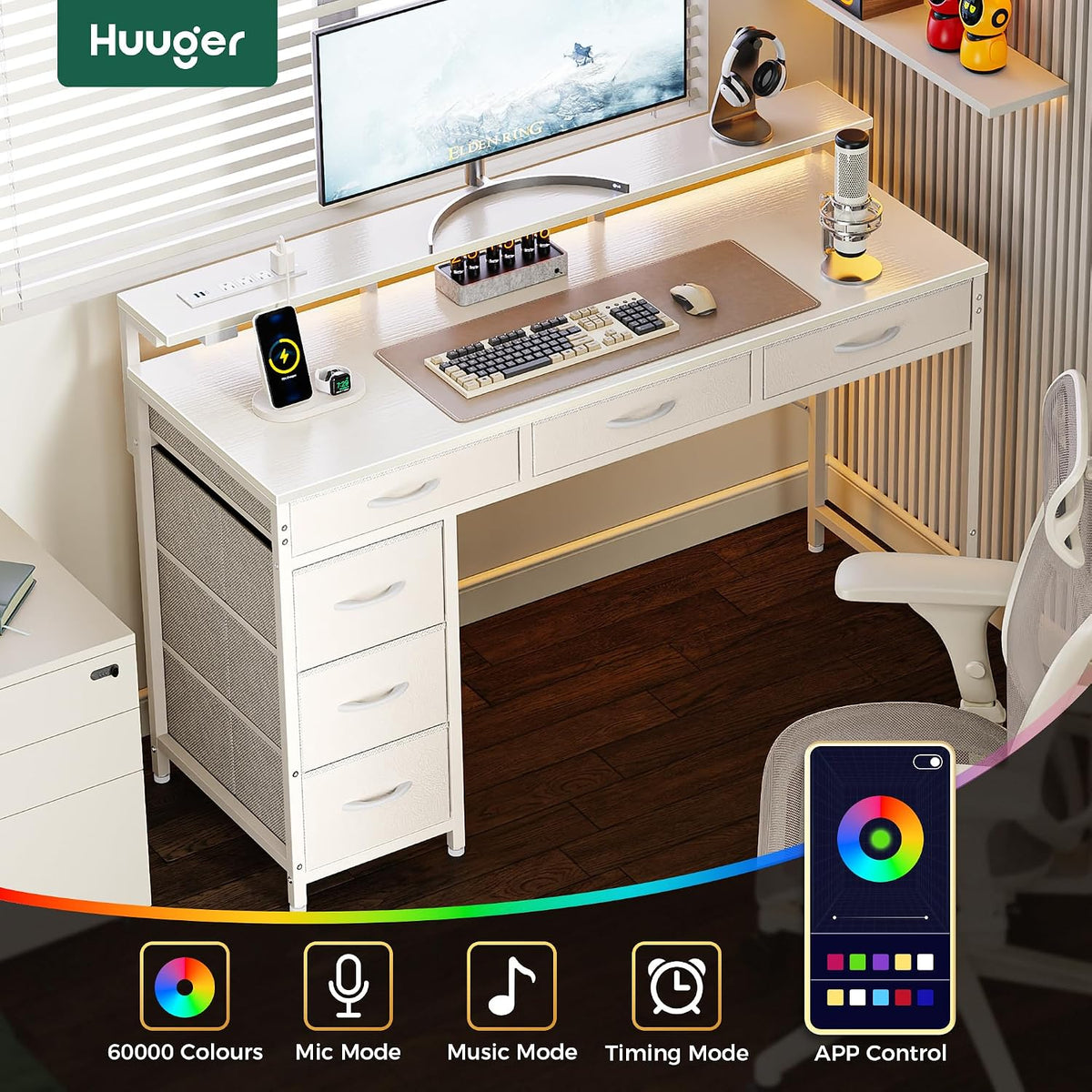 Huuger Gaming Desk with 6 Drawers, Computer Desk with LED Lights Power Outlet...