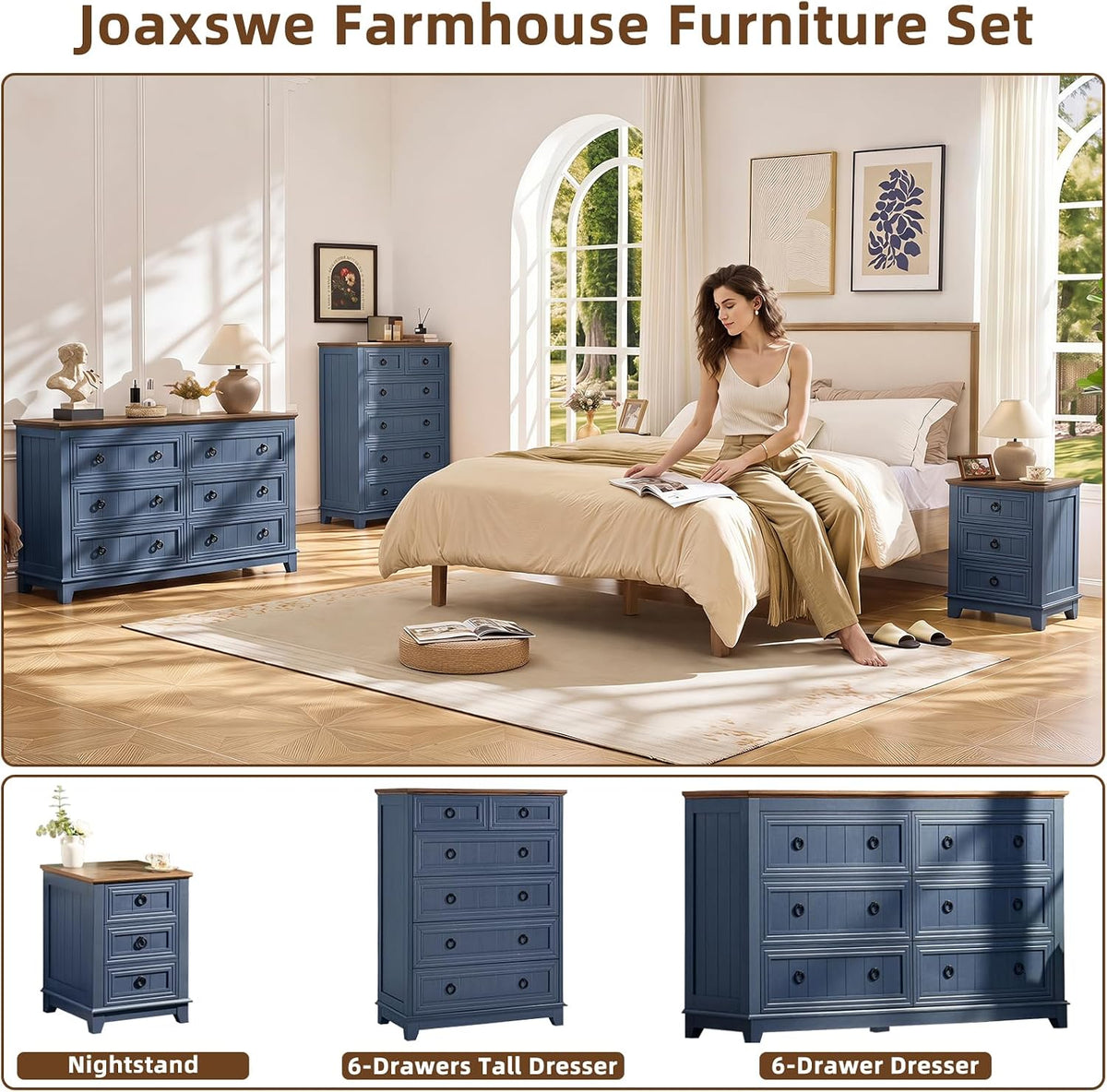 Joaxswe Farmhouse Nightstand, 18'' End Table with 3 Drawer Metal Handle